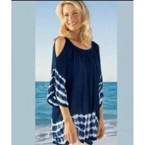 SOFT SURROUNDINGS Crinkle Tie Dye Top 3/4 Sleeve Cold Shoulder Blue M 49-18